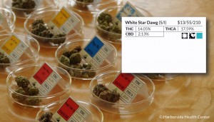 Photo of Different Strains of Medical Marijuana and Corresponding Labels Source: Harborside Health Center, San Jose, California